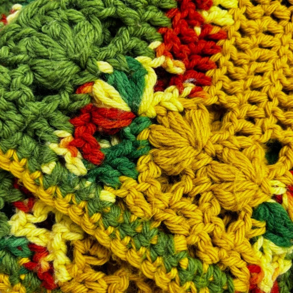 Vintage Handmade Crochet Afghan Throw Blanket Green Yellow Red Chevron 67x57